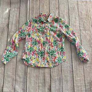 Boden Womens Button Down Linen Shirt Sz 8R Tropical Birds Lightweight White Pink